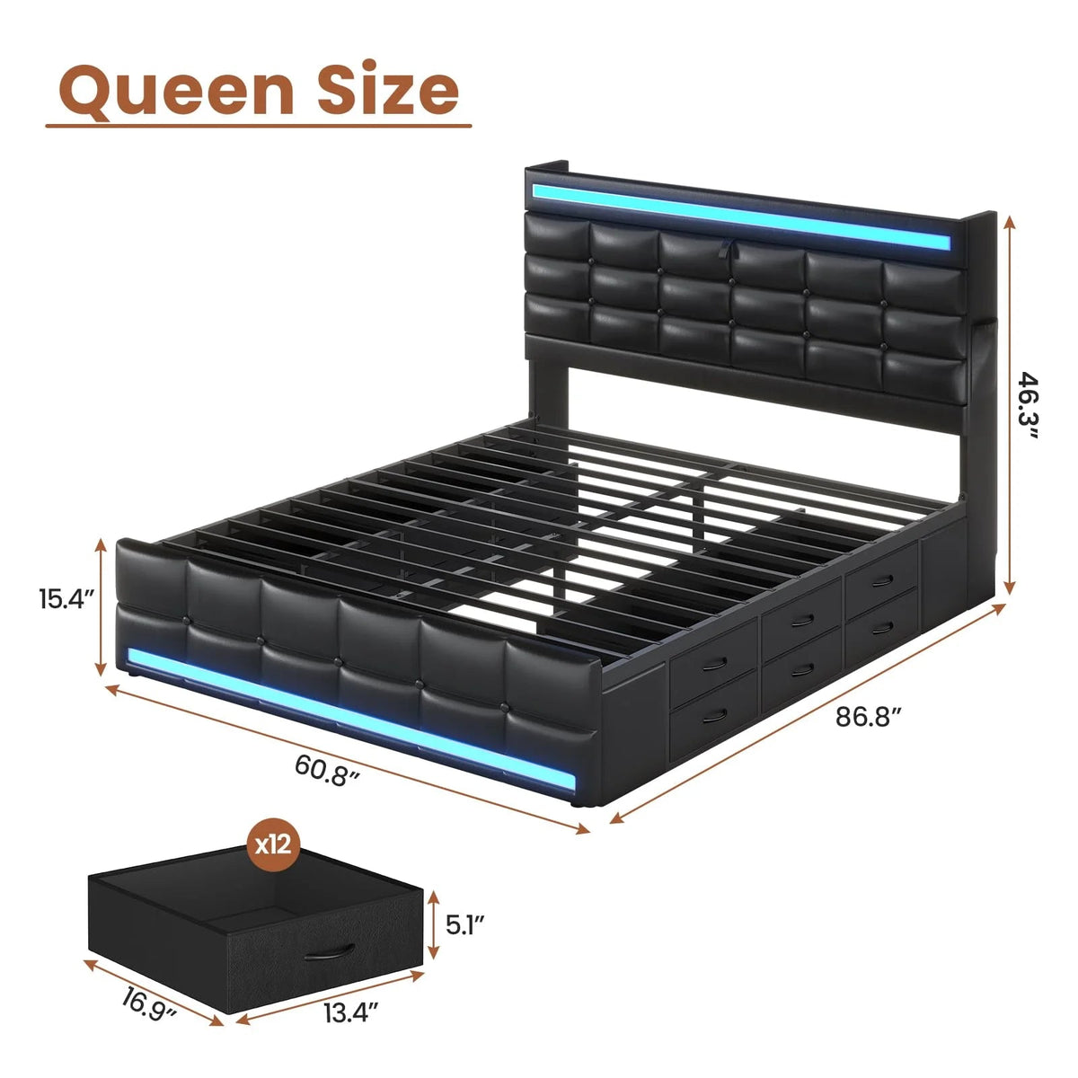 Queen Upholstered Platform Bed Frame With LED Headboard, 12 Storage Drawers And Charging Station - Black