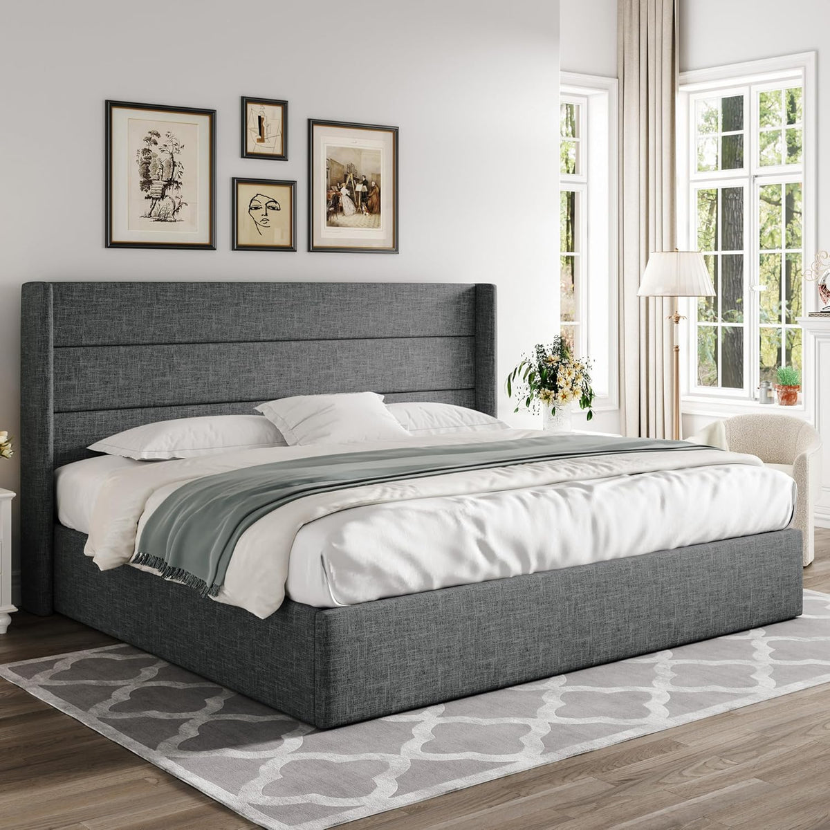 Allewie Queen Lift Up Storage Bed Frame With Wingback Headboard, Light Beige - 80.7 x 60.6 x 44.5 in