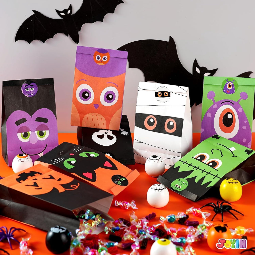 Joyfy 60 PCS Halloween Treat Bags with Stickers, Halloween Trick or Treat Bags for Kids Halloween Party Favors Exchange, Goodie and Candy Bags for Holiday Party Supplies