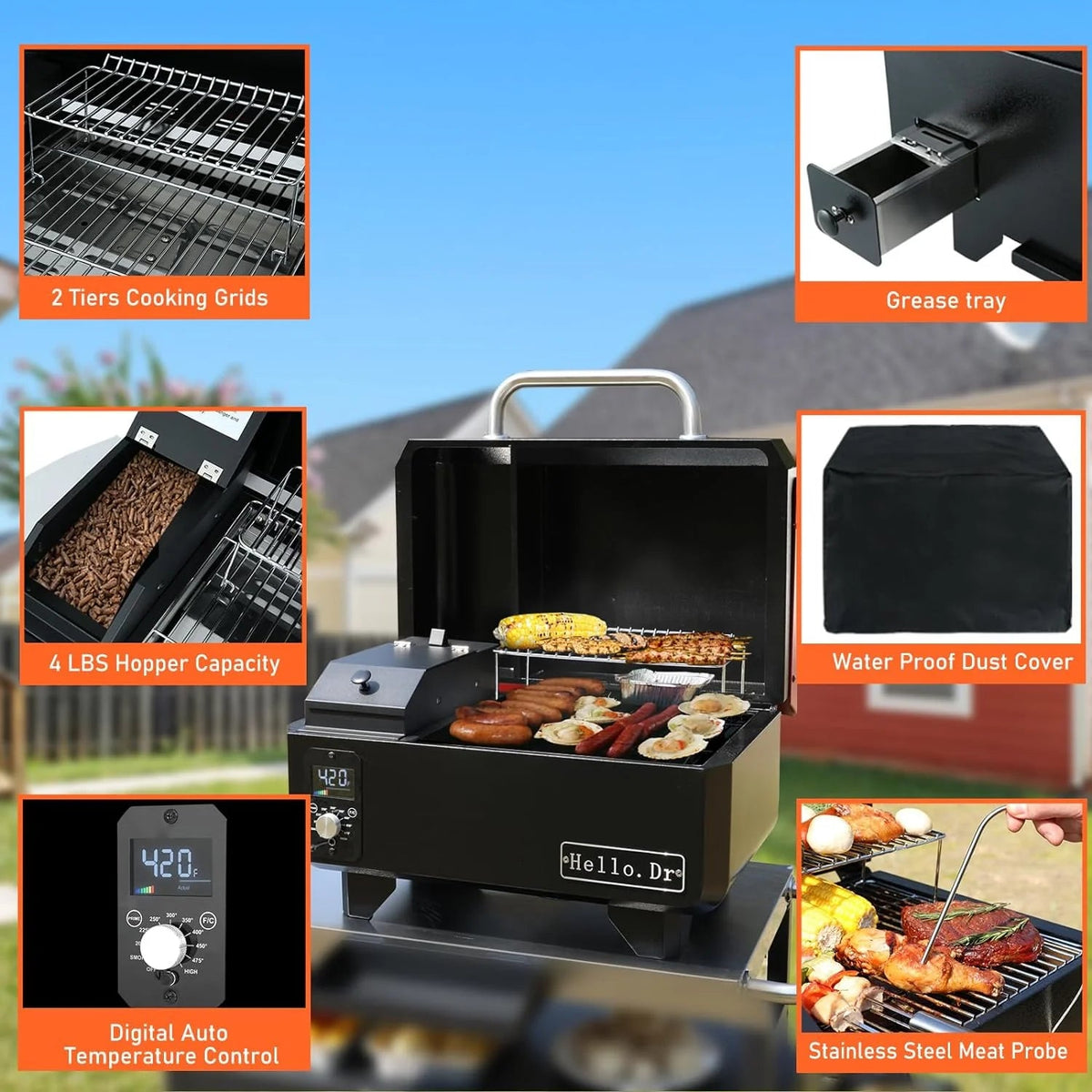 Hello.Dr Portable Wood Pellet Grill And Smoker, 8-In-1 Tabletop, Black - B0BWGXFY9H
