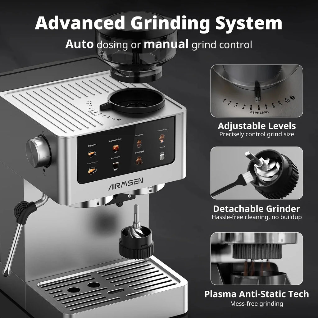 AIRMSEN Espresso Machine With Grinder, 20-Bar, 1350W, 63oz, Brushed Stainless Steel