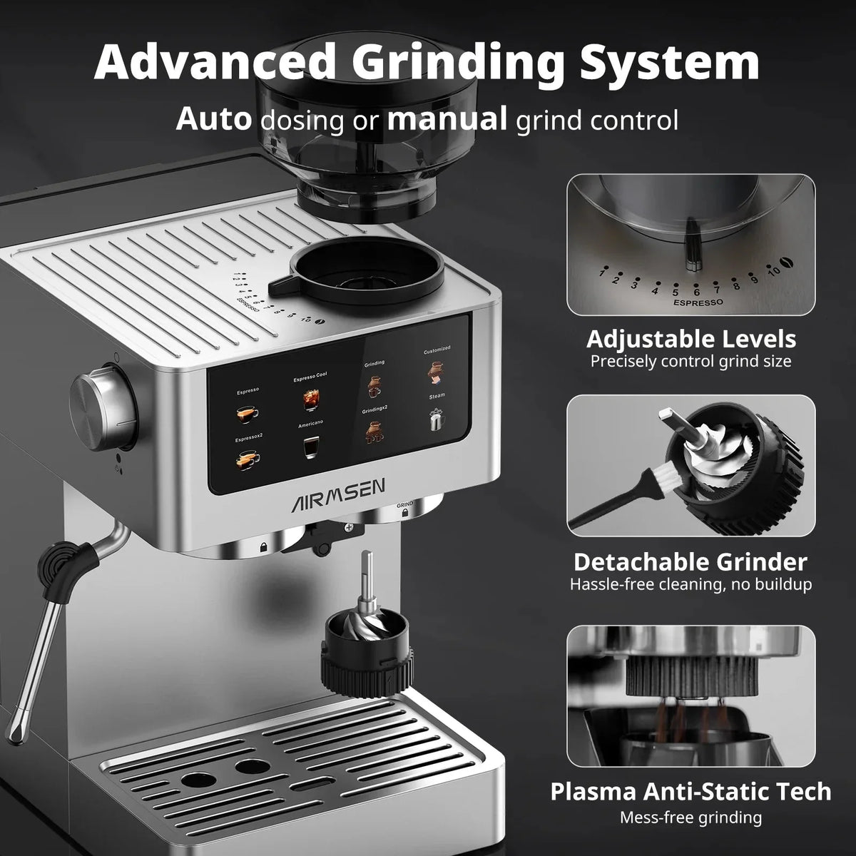 AIRMSEN Espresso Machine With Grinder, 20-Bar, 1350W, 63oz, Brushed Stainless Steel
