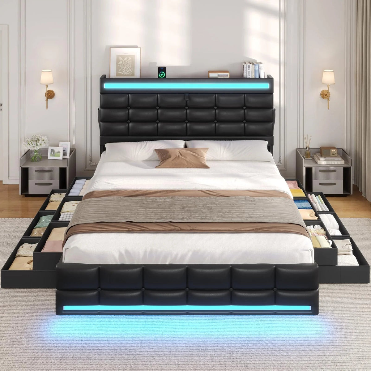 Queen Upholstered Platform Bed Frame With LED Headboard, 12 Storage Drawers And Charging Station - Black