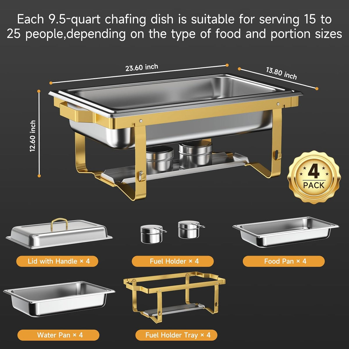 KSCocina Stainless Steel Chafing Dish Buffet Warmer Set, Golden, 4 Pack, 9QT