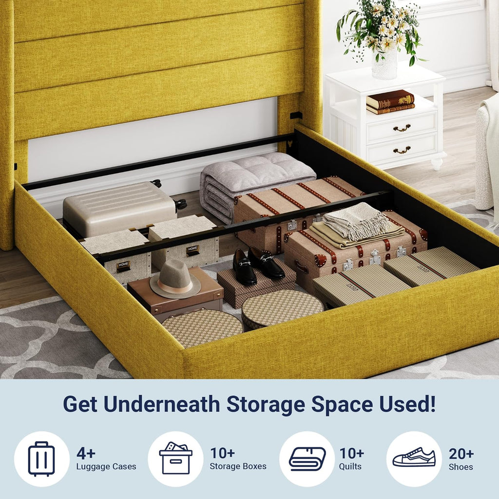 Allewie Queen Lift Up Storage Bed Frame With Wingback Headboard, Light Beige - 80.7 x 60.6 x 44.5 in