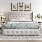 Allewie Queen Lift Up Storage Bed Frame With Wingback Headboard, Light Beige - 80.7 x 60.6 x 44.5 in