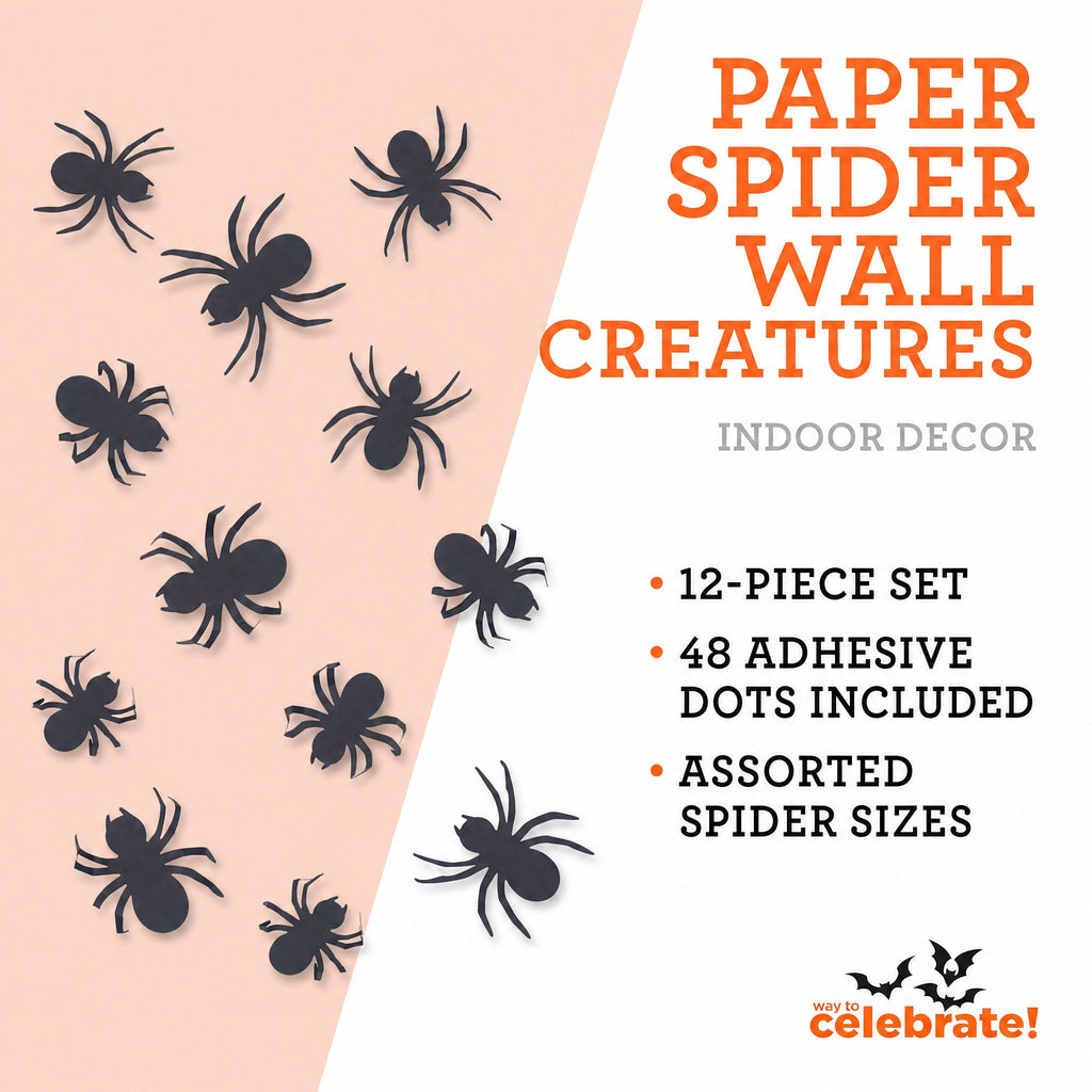 Paper Spider Wall Creatures Decoration, Black, 12 Pieces, Halloween by Way To Celebrate