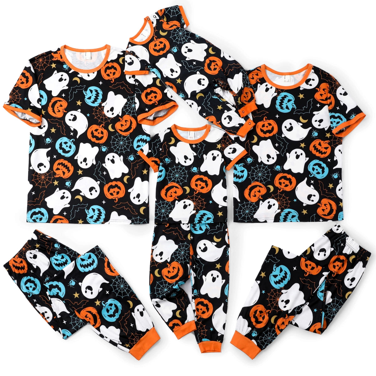 PatPat Halloween Pajamas Kids Holiday Pjs Family Matching Letter & Bat Print Short Sleeve Sleepwear Sets for Women Girls Boys, Black & Orange, L