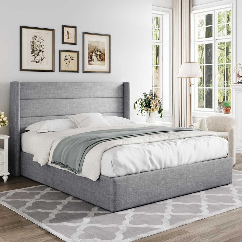 Allewie Queen Lift Up Storage Bed Frame With Wingback Headboard, Light Beige - 80.7 x 60.6 x 44.5 in