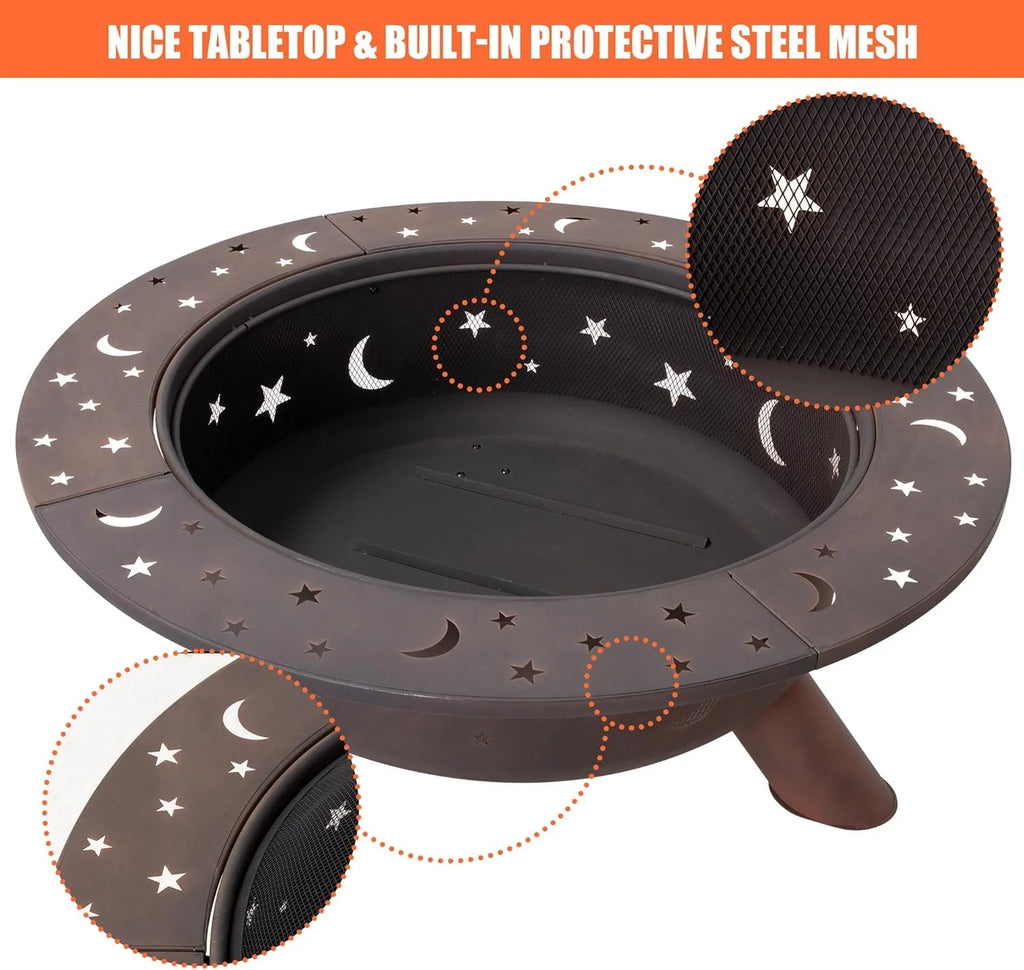 SUNCREAT 42-Inch Wood Burning Patio Fire Pit, Black, 42.1 Inch Diameter x 25.2 Inch High