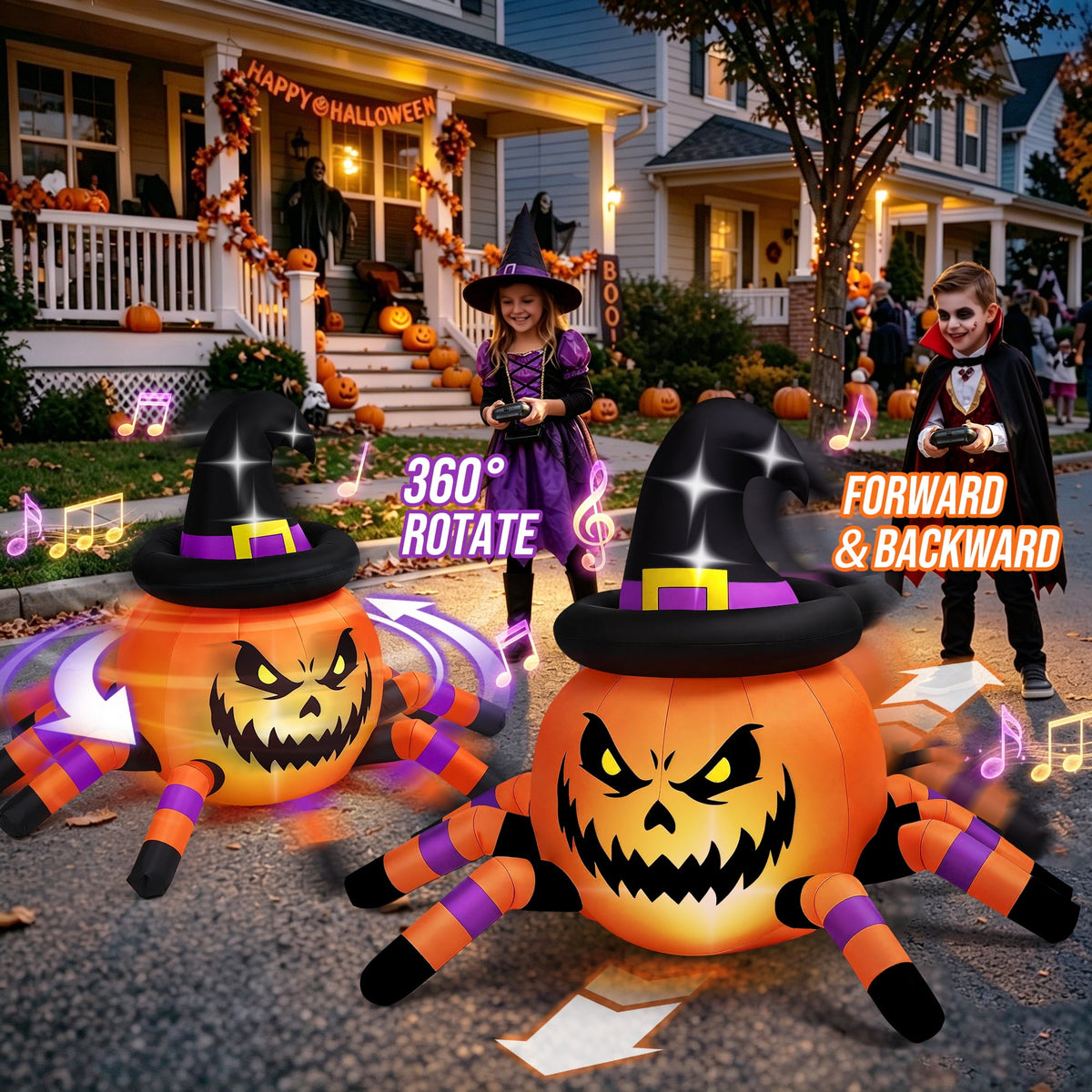 Firstness 2.4GHz Remote Control Car Halloween Inflatable Pumpkin Spider Blow ups Rc Car 360° Rotation, 3 Music and LED Lights, Aged 3+