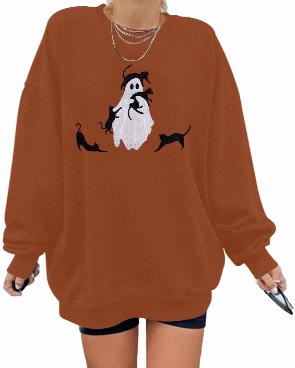 MOUSYA Halloween Sweatshirt Women Spooky Season Shirt Pumpkin Fall Sweatshirt Ghost Long Sleeve Pullover Tops