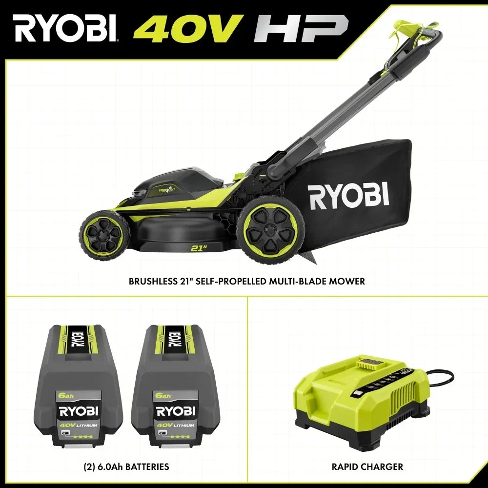 RYOBI 40V HP Brushless 21" Walk Behind Self-Propelled Lawn Mower w/ (2) 6.0Ah Batteries and Charger