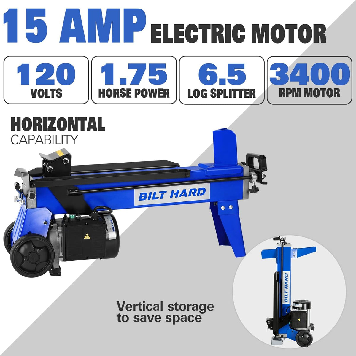 BILT HARD Electric Log Splitter 6.5 Ton 15Amp Horizontal