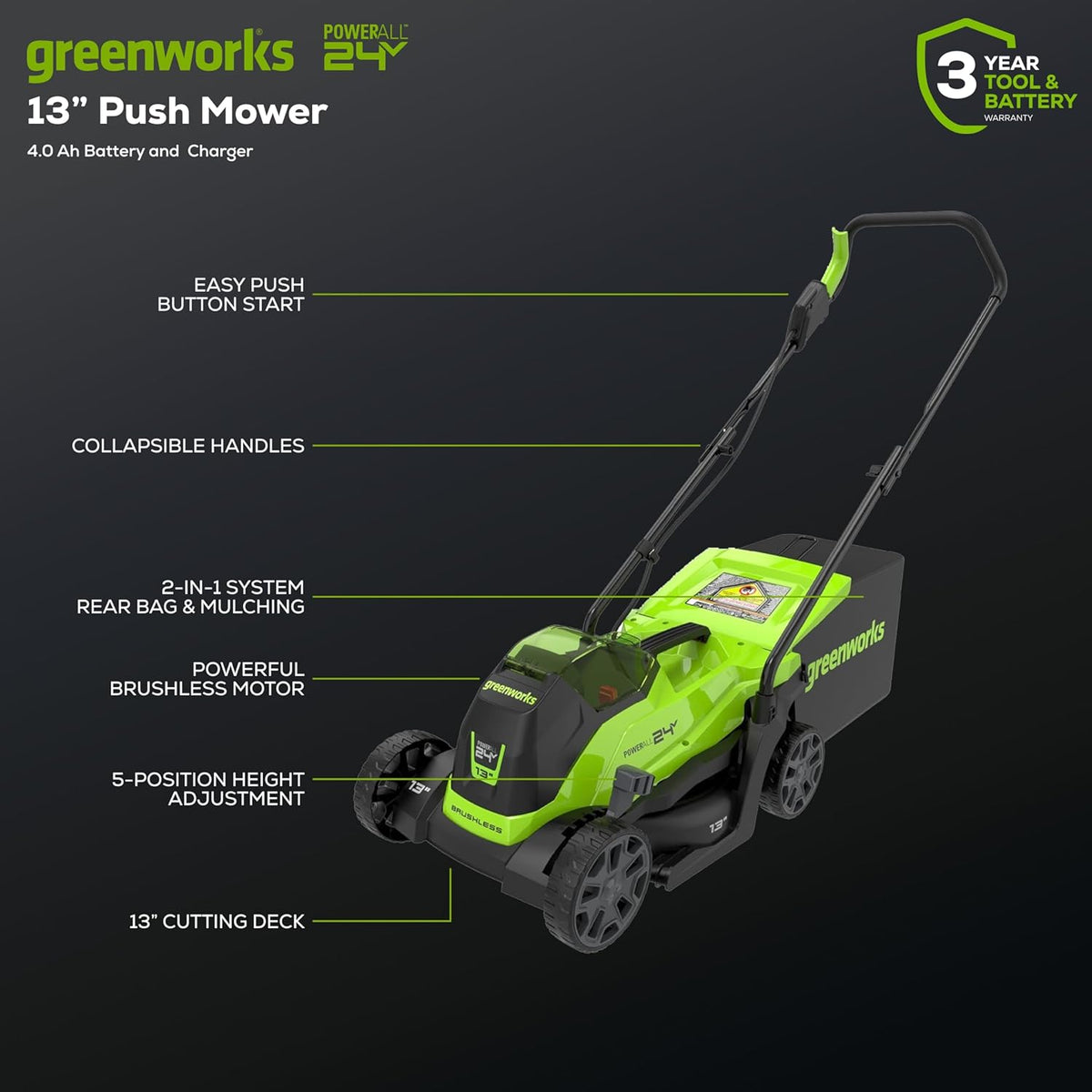 Greenworks 24V 13 Inch Brushless Cordless Lawn Mower With 4.0Ah Battery And Charger