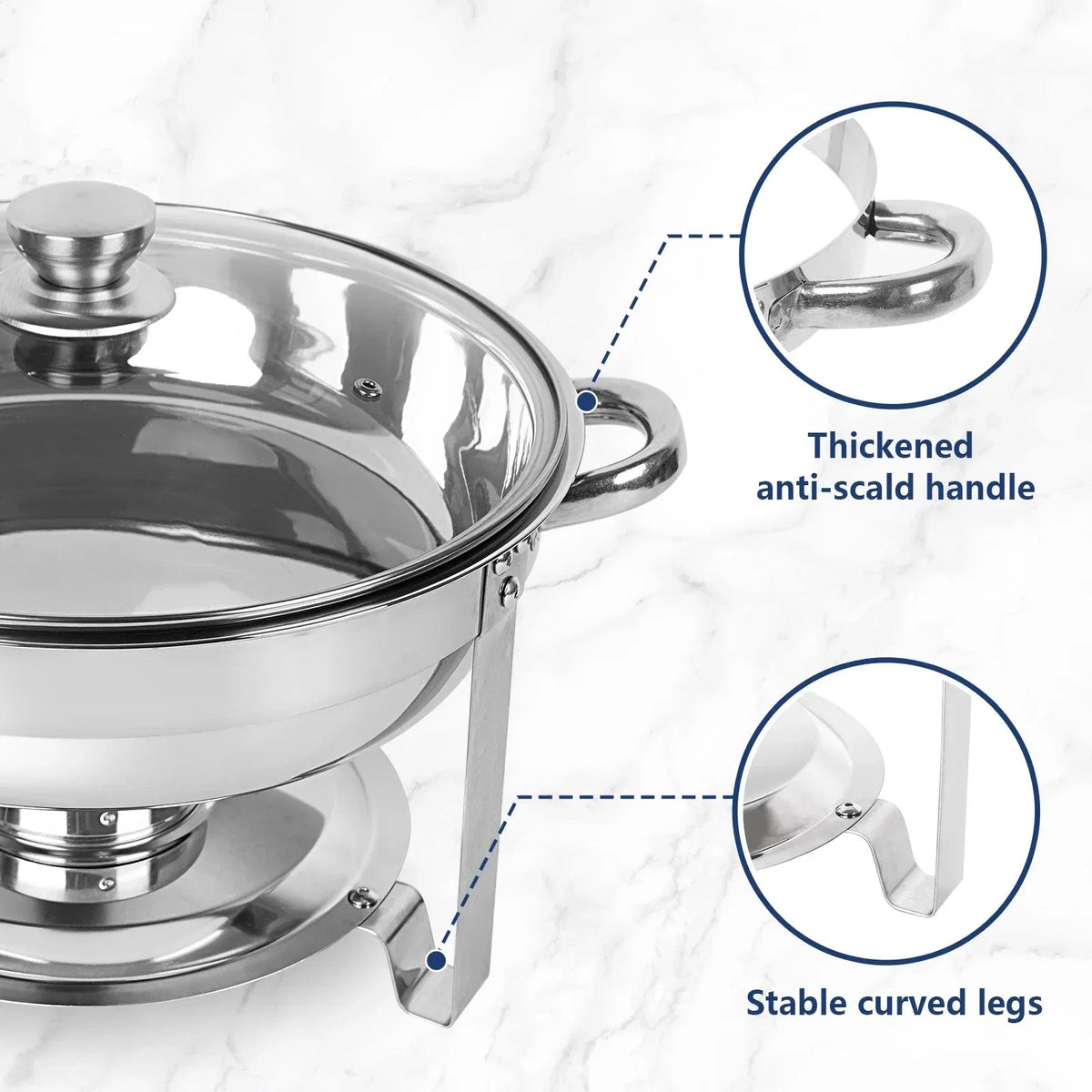 IMACONE 5QT Stainless Steel Round Chafing Dish Buffet Set, 2-Pack With Glass Lid