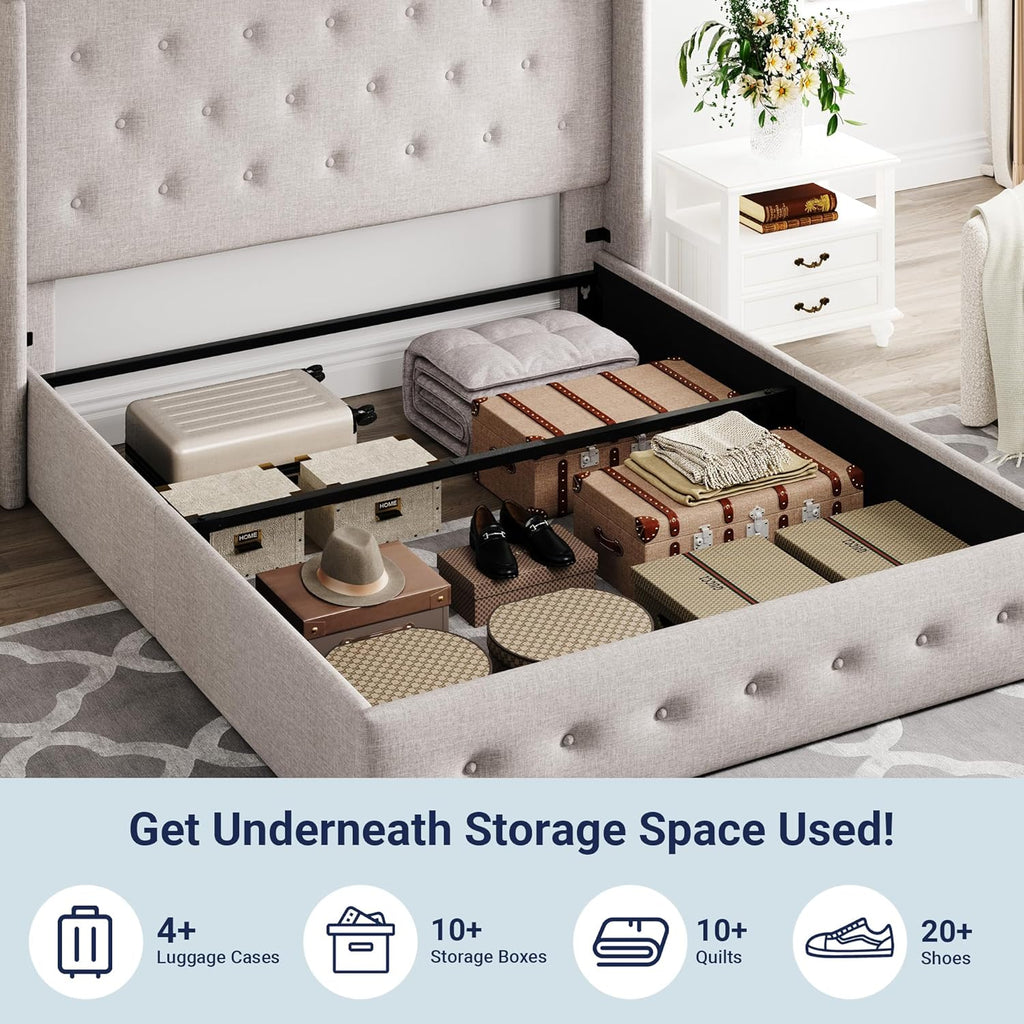 Allewie Queen Lift Up Storage Bed Frame With Wingback Headboard, Light Beige - 80.7 x 60.6 x 44.5 in