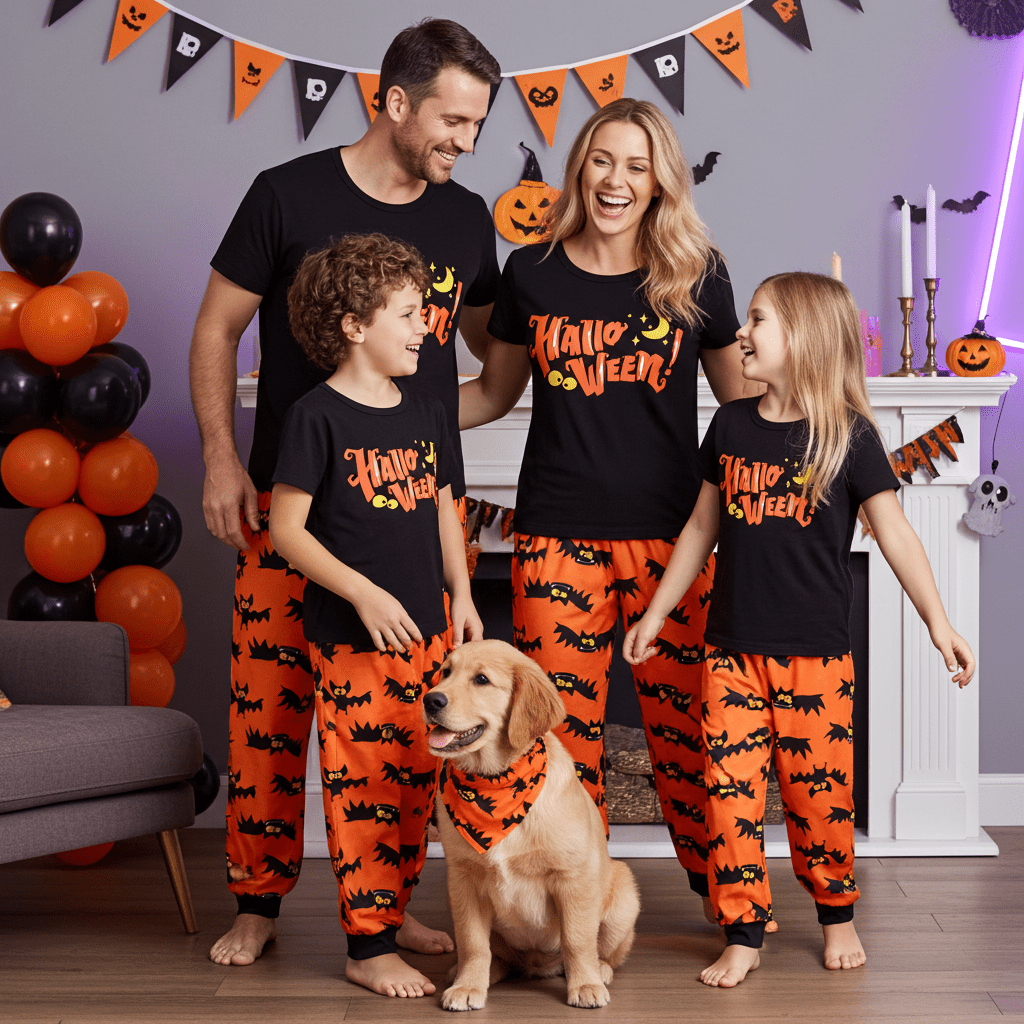 PatPat Halloween Pajamas Kids Holiday Pjs Family Matching Letter & Bat Print Short Sleeve Sleepwear Sets for Women Girls Boys, Black & Orange, L