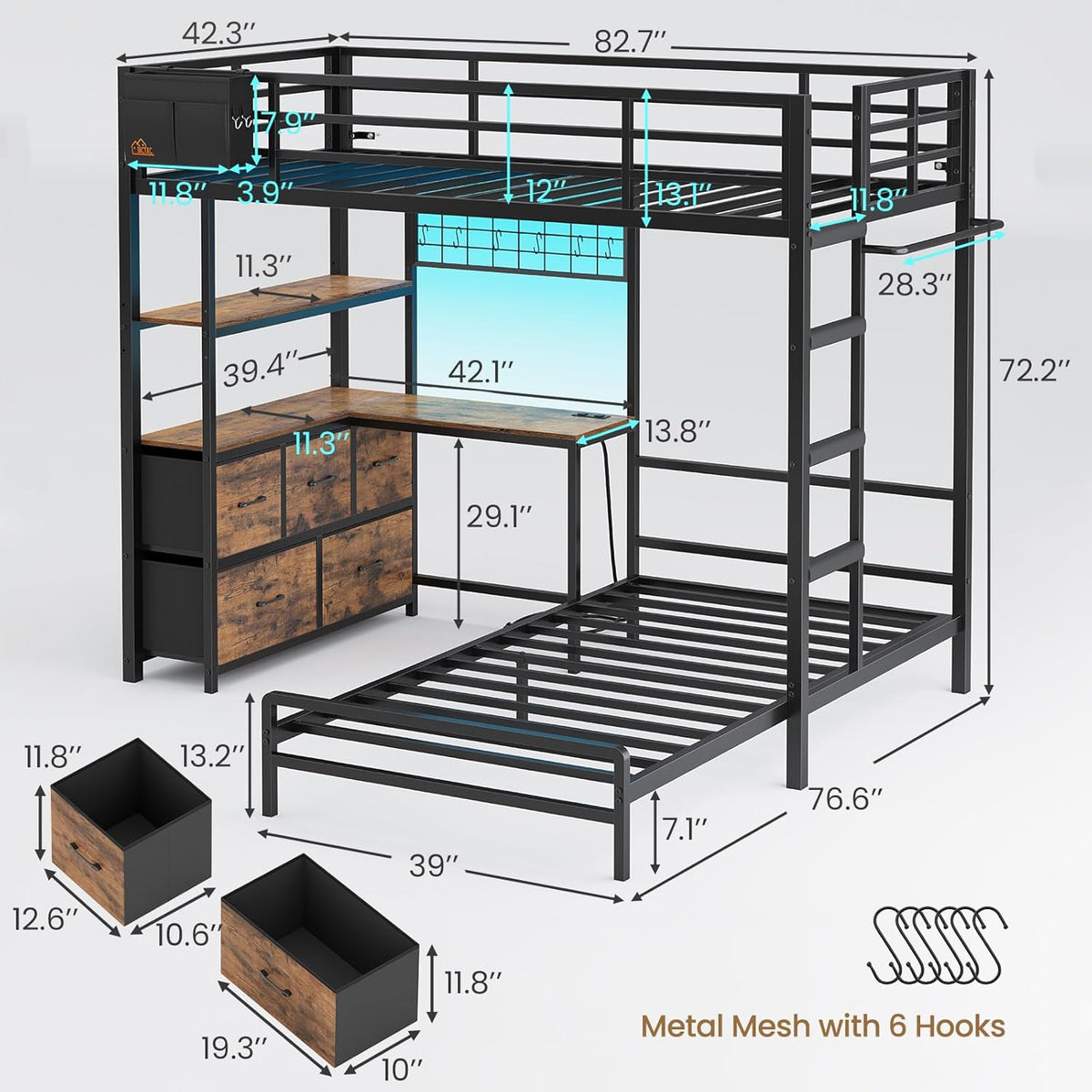 DICTAC Twin XL Over Twin Metal Bunk Bed With L-Shaped Desk, 5 Drawers, 2 Shelves, LED Lights And Charging Station - Black