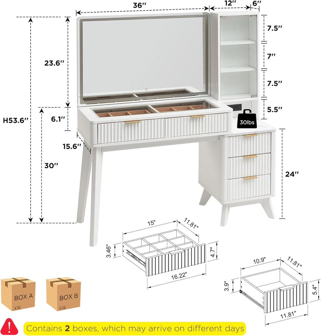 T4TREAM 48in Fluted Makeup Vanity Desk With 36in Mirror, Lights, 5 Drawers And Adjustable Shelves - White