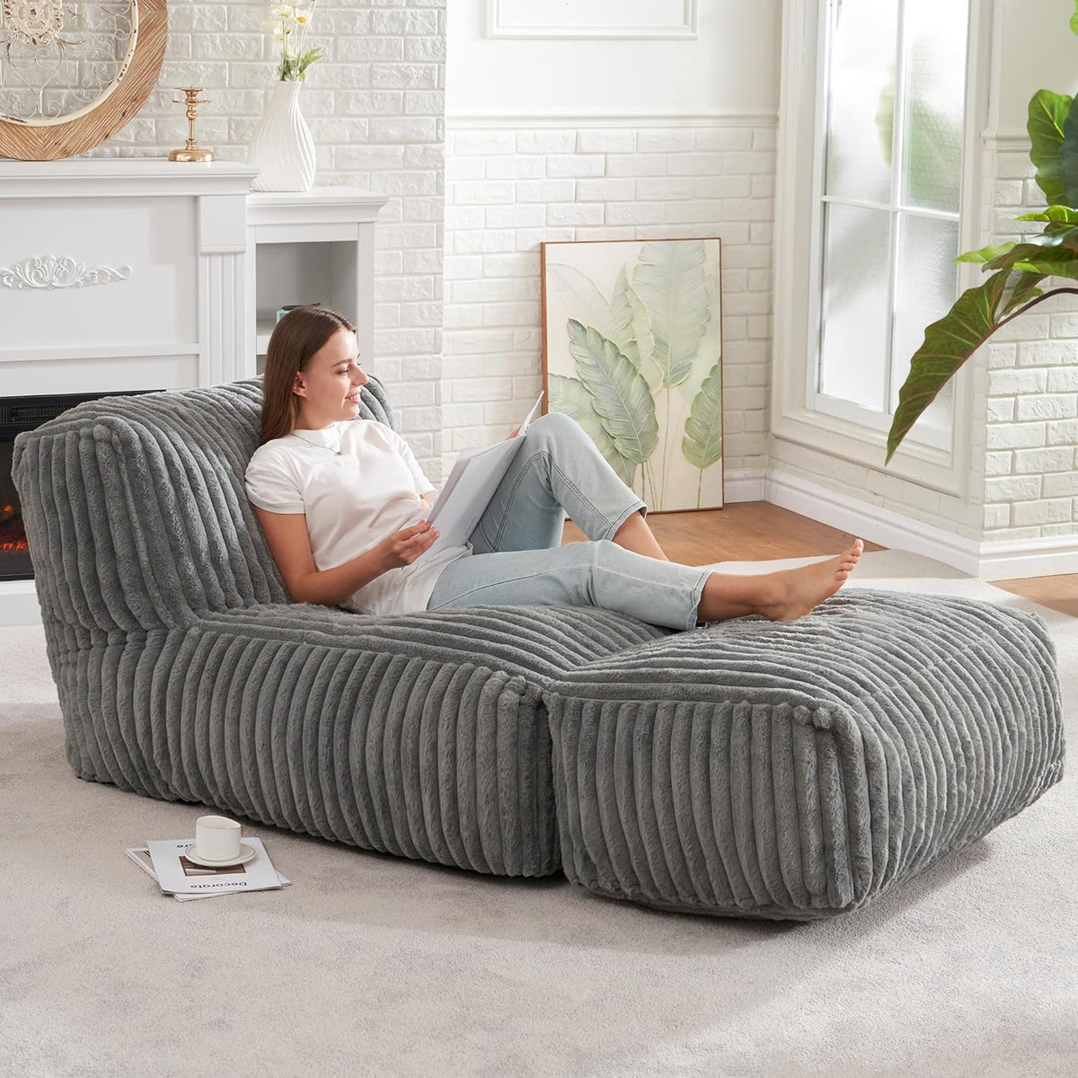 Hobestluk Bean Bag Lounger Chair With Ottoman, Faux Fur, Memory Foam Fill