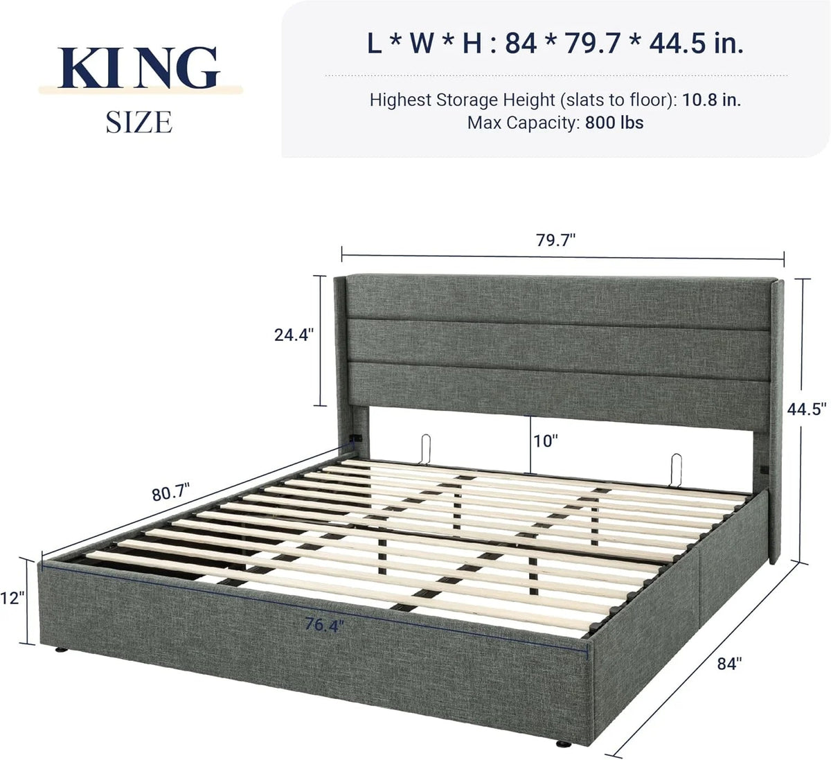 Allewie Queen Lift Up Storage Bed Frame With Wingback Headboard, Light Beige - 80.7 x 60.6 x 44.5 in