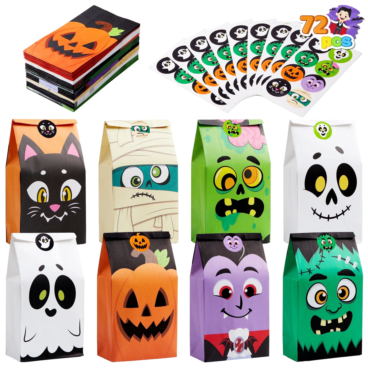 Joyfy 60 PCS Halloween Treat Bags with Stickers, Halloween Trick or Treat Bags for Kids Halloween Party Favors Exchange, Goodie and Candy Bags for Holiday Party Supplies