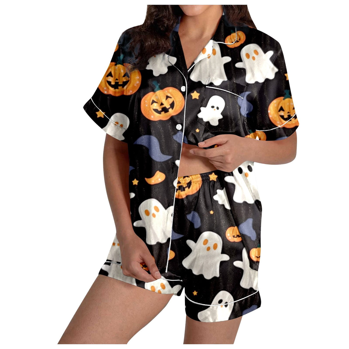 MEZZALL Women Halloween Printed Pajama With Lapel Collar Short Sleeve Tops And Shorts For Home Wear Cozy For Lightweight And Breathable Comfort Relaxed Fit 2 Piece Pjs