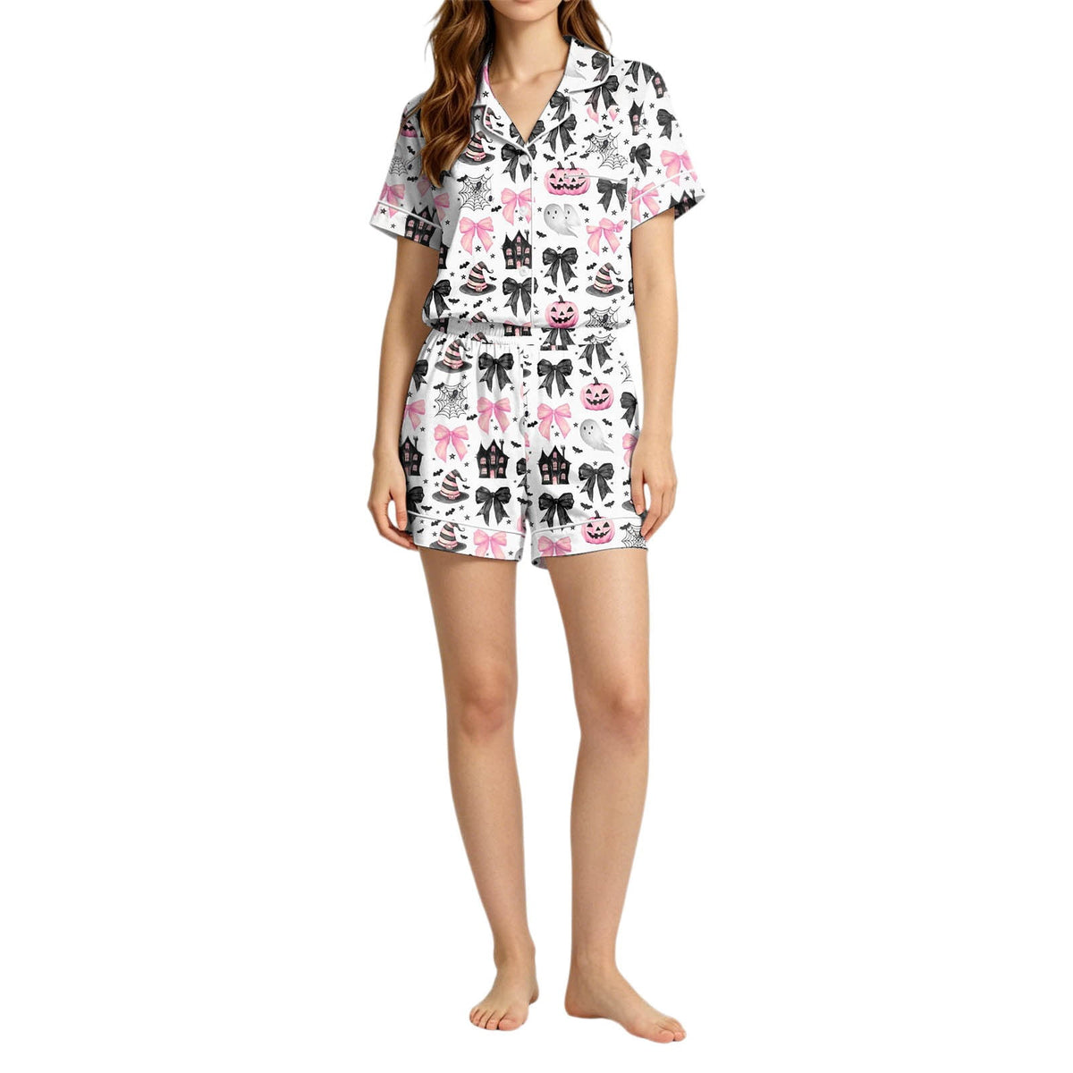 MEZZALL Women Halloween Printed Pajama With Lapel Collar Short Sleeve Tops And Shorts For Home Wear Cozy For Lightweight And Breathable Comfort Relaxed Fit 2 Piece Pjs