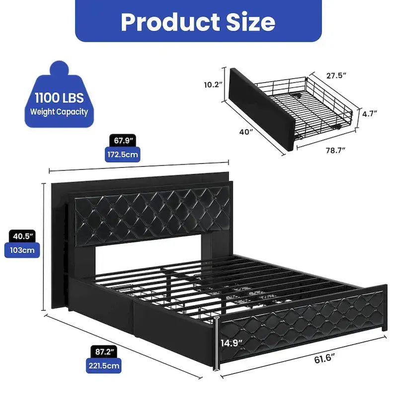 Moasis Queen Platform Bed Frame With PU Upholstery, LED Lighting And 4 Storage Drawers