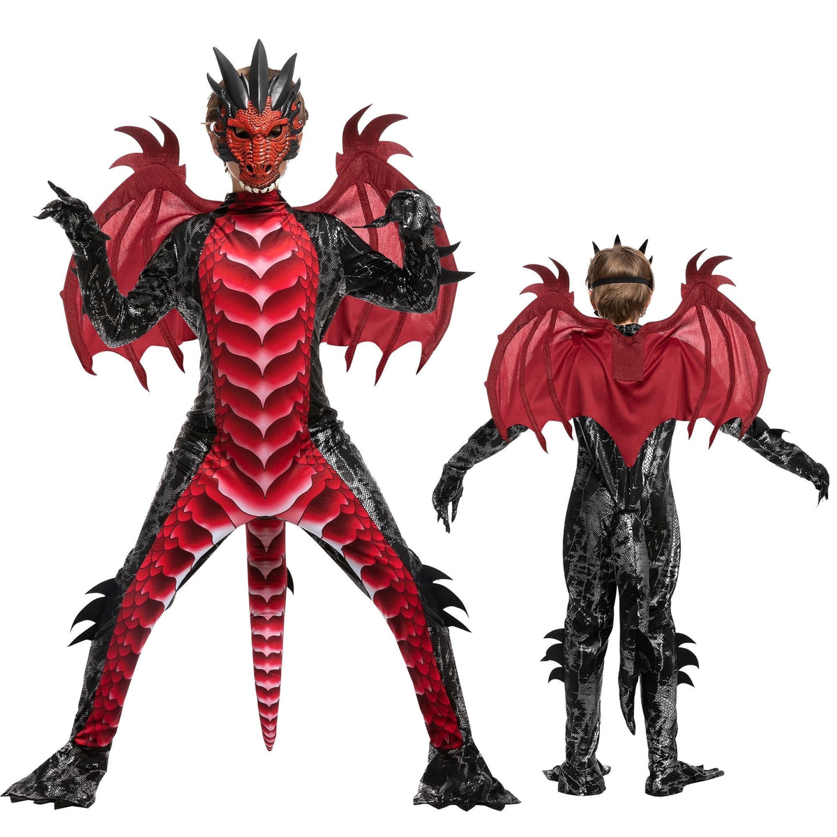 Joyfy Dragon Costume for Kids Boys Dragon Costume with Dragon Wings, Tail and Mask Outfits Set for Toddlers Halloween Dress Up 5-12 Years