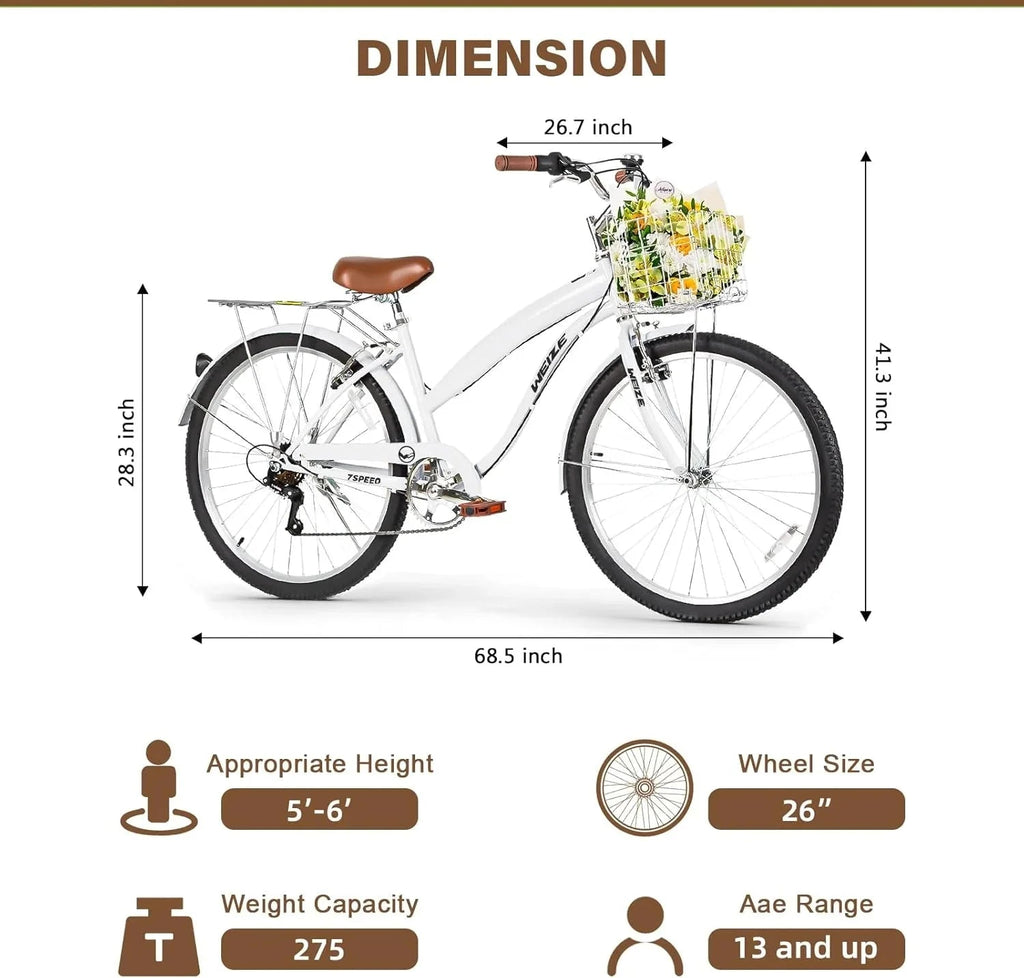 WEIZE 26 Inch 7-Speed High-Carbon Steel Beach Cruiser Bike