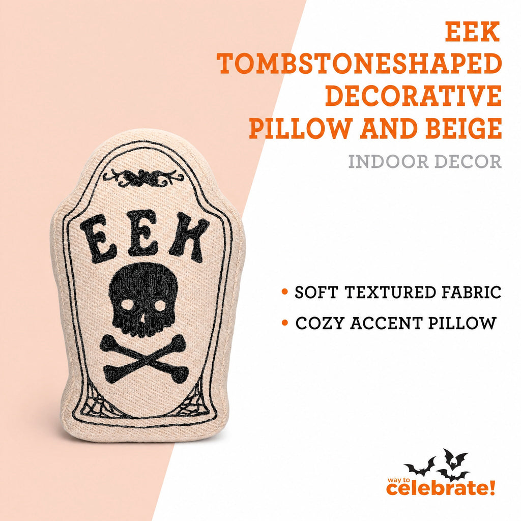 Eek Tombstone-Shaped Decorative Pillow, Black and Beige, 10" x 15", Halloween by Way To Celebrate