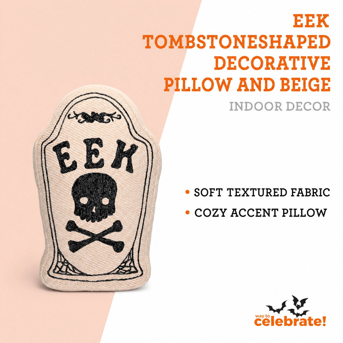 Eek Tombstone-Shaped Decorative Pillow, Black and Beige, 10" x 15", Halloween by Way To Celebrate