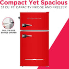 Frigidaire Retro 2 Door Mini Refrigerator With Freezer And Side Bottle Opener, 3.1 Cu Ft, 19in D x 20.5in W x 33.5in H