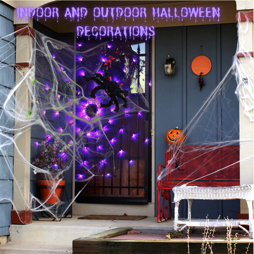 Halloween Decorations Spider Web Lights, 4FT Diameter 70 LED with Black Spider, Waterproof Net Lights, Remote Control