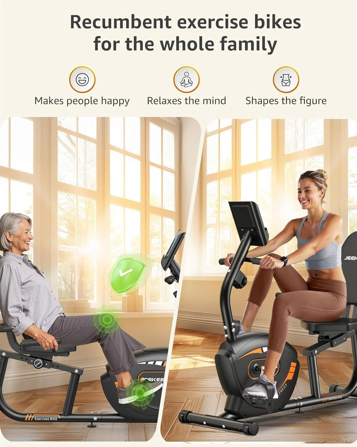 JEEKEE Recumbent Exercise Bike - 8-Level Magnetic Resistance, Black