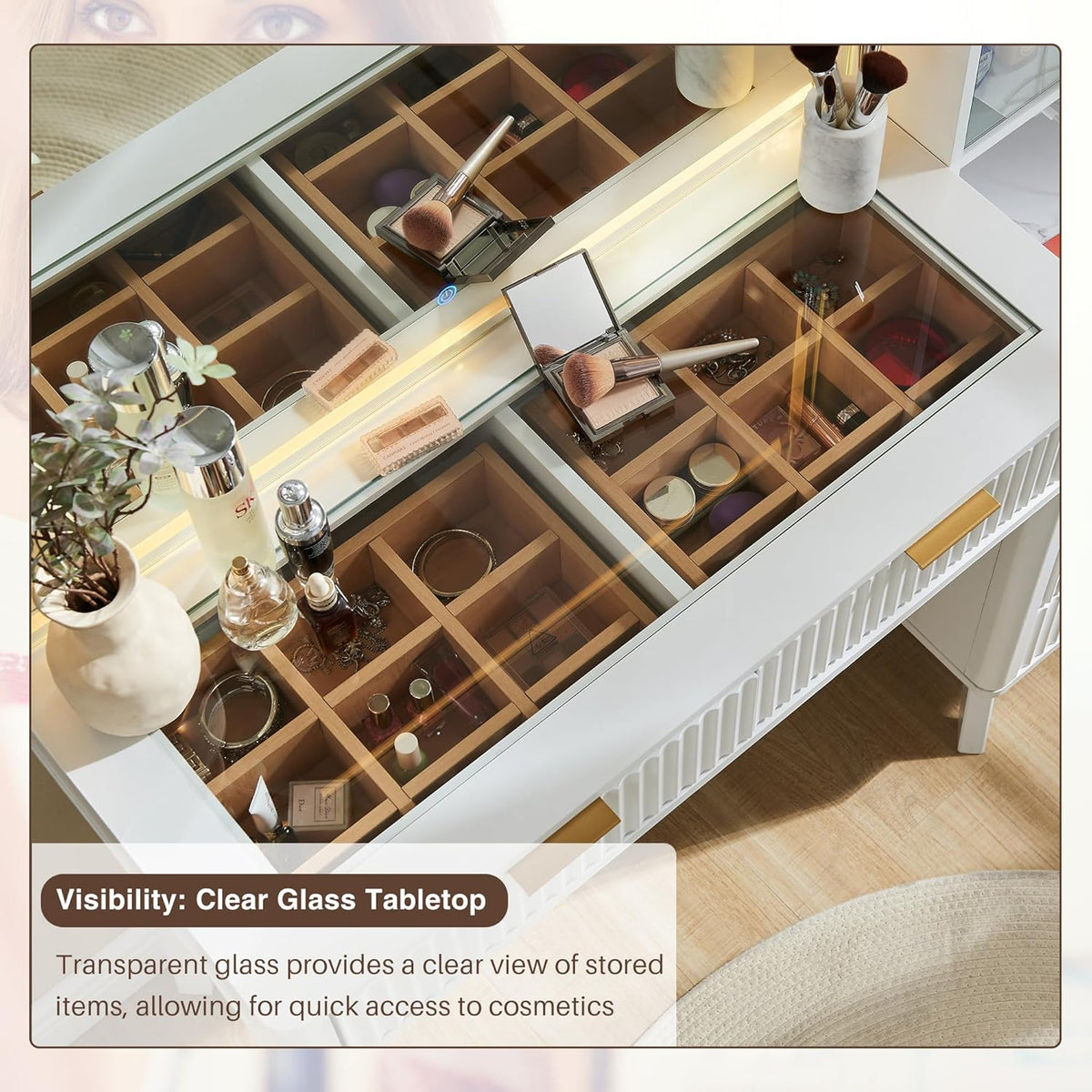T4TREAM 48in Fluted Makeup Vanity Desk With 36in Mirror, Lights, 5 Drawers And Adjustable Shelves - White