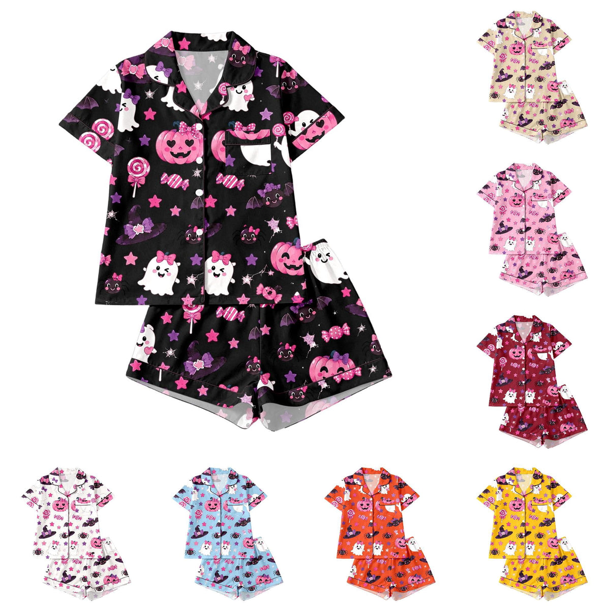CUZIBR Girls Halloween Pajamas Sets Soft Comfortable Ghost Pumpkin Lapel Button Short Sleeve Shirt Elastic Waist Shorts 2 Pieces Sleep Loungewear Relaxed Sleepwear Outfits, Orange-C