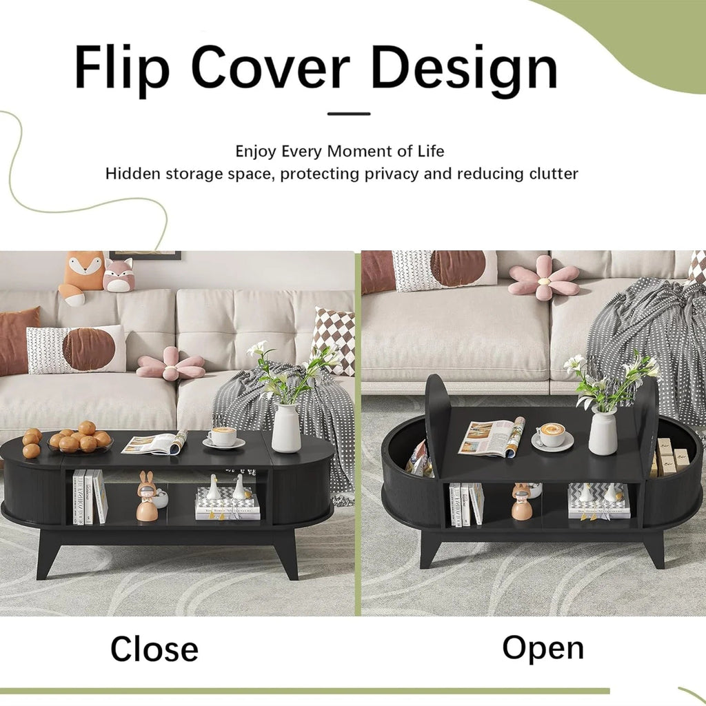 Fluted Oval Coffee Table With Storage, 46.45 x 19.68 x 15.94 in