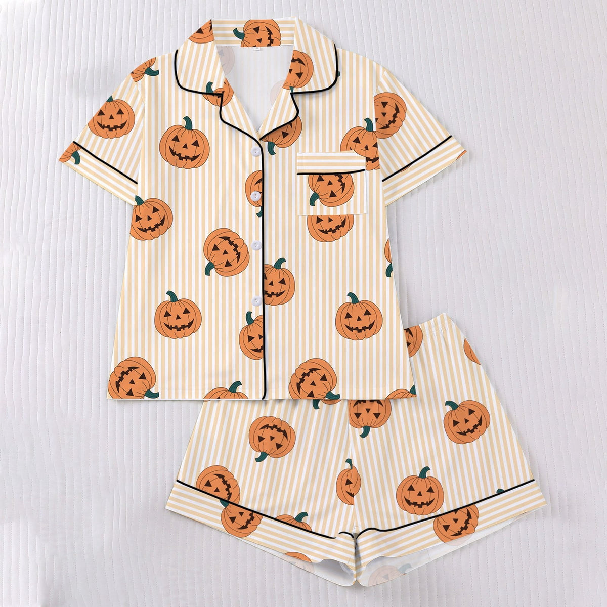 CUZIBR Girls Halloween Pajamas Sets Soft Comfortable Ghost Pumpkin Lapel Button Short Sleeve Shirt Elastic Waist Shorts 2 Pieces Sleep Loungewear Relaxed Sleepwear Outfits, Orange-C