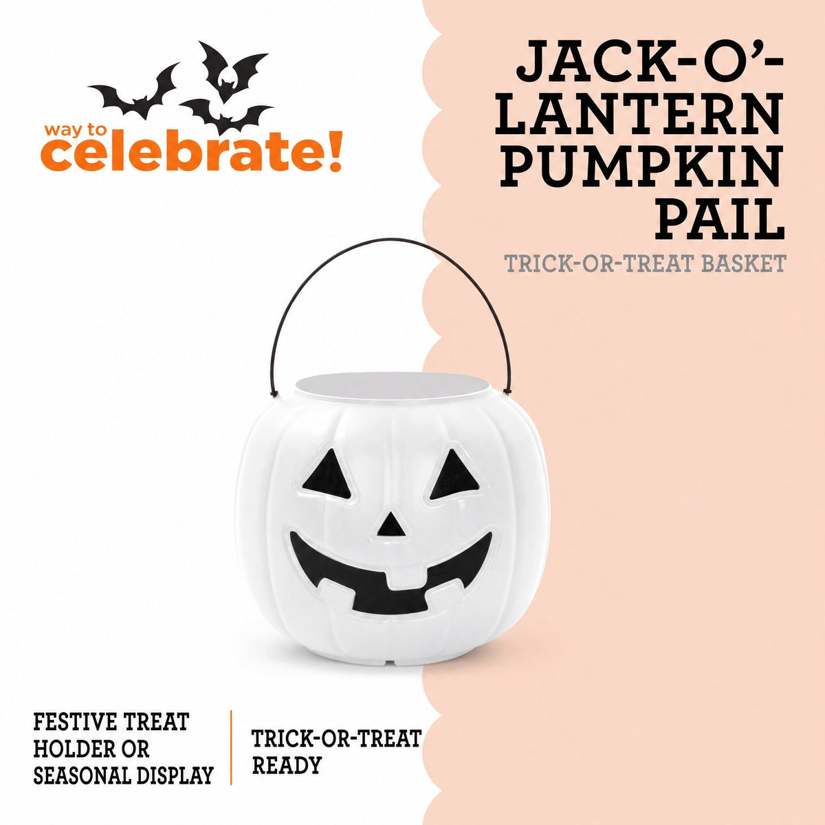 Jack-o'-Lantern Trick-or-Treat Pail, White, 8", Halloween by Way To Celebrate