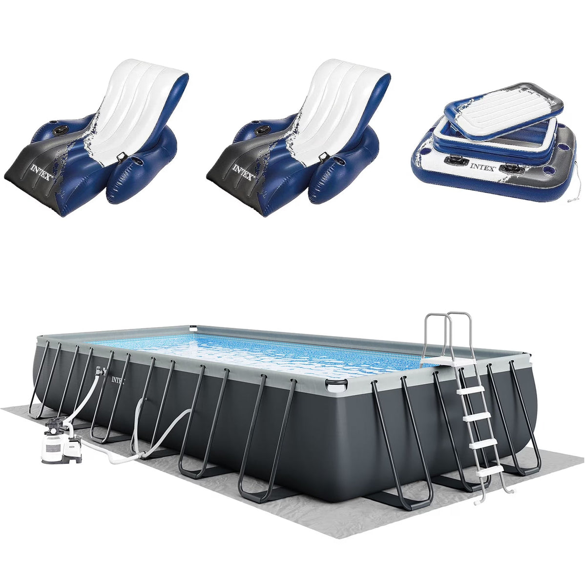 INTEX Ultra XTR Above Ground Pool 24ft x 12ft x 52in With 2 Floating Recliners And Mega Chill II Cooler