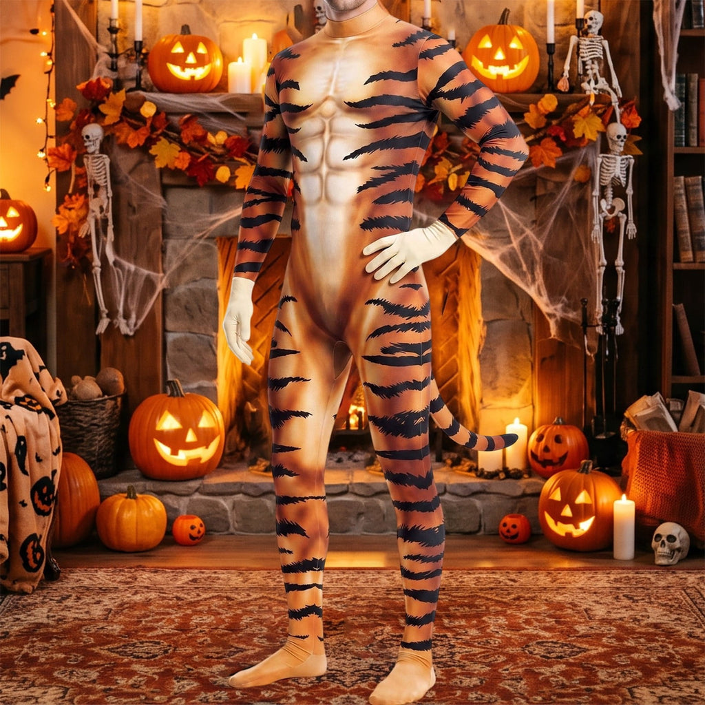 Krdevn Men 3D Animal Cosplay Bodysuit, Full‑Body Stretch Jumpsuit Costume with Tail for Halloween
