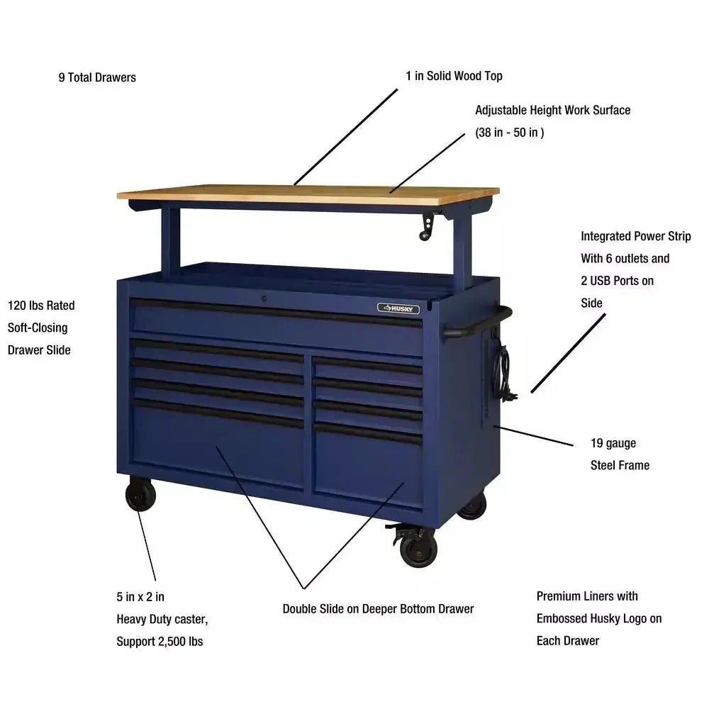 Heavy-Duty 52 in. 9-Drawer Mobile Workbench With Adjustable-Height Solid Wood Top - Matte Blue