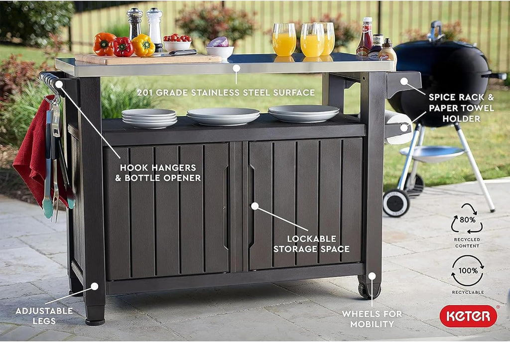 Keter Outdoor Rolling Prep And Bar Cart, Resin - Dark Brown