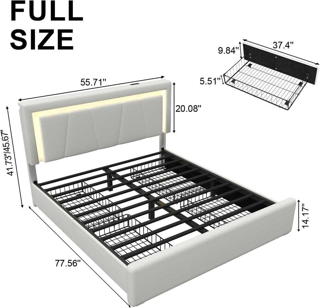 Full Upholstered Platform Bed Frame With 4 Storage Drawers, LED Lights, Adjustable Headboard And Charging Station - White