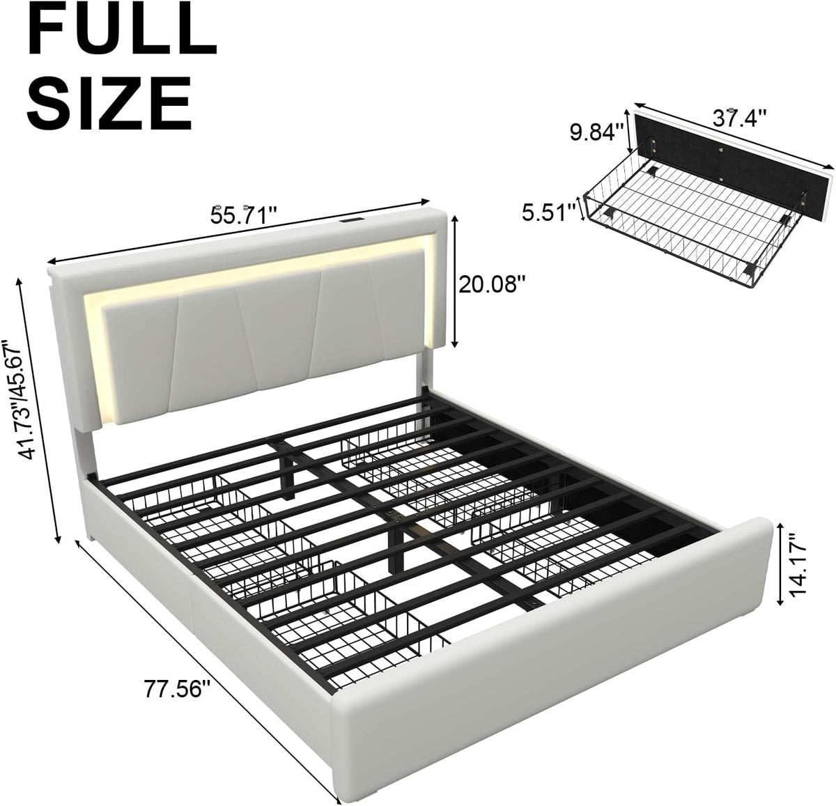 Full Upholstered Platform Bed Frame With 4 Storage Drawers, LED Lights, Adjustable Headboard And Charging Station - White