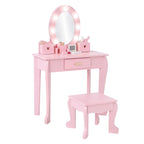 Kids Wood Vanity Table And Chair Set With Lights, Mirror, Drawer And Stool
