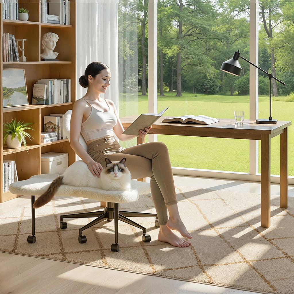 Pinmoco Ergonomic Cross-Legged Swivel Chair, Adjustable Height, Teddy Fabric, Off White